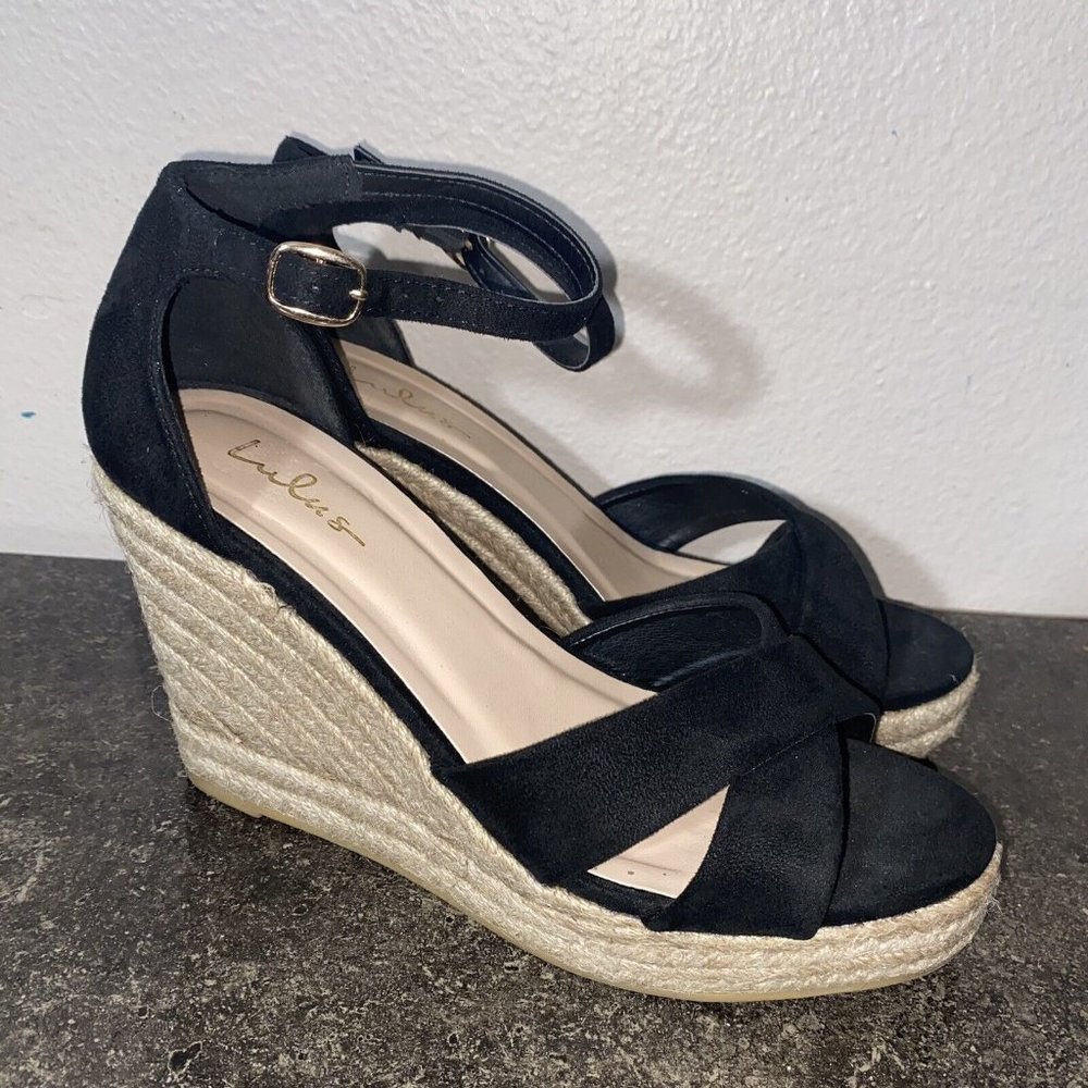 LULU’s Vegan Suede Espadrille Platform Sandals Wedges Black Strap Size 7.5